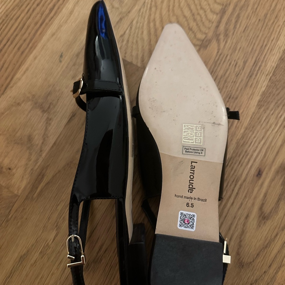 Larroude Black Patent Leather Pointed Toe Mary Jane Slingback Flats - Picture 2 of 3